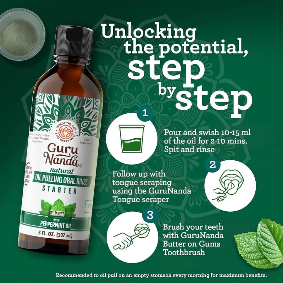 GuruNanda Whitening Pulling Oil with Coconut & Peppermint Essential Oil for Oral Health, Natural Teeth Whitening, Fresh Breath, Healthy Gums, Alcohol-Free Mouthwash (8 Fl.Oz. x 2)