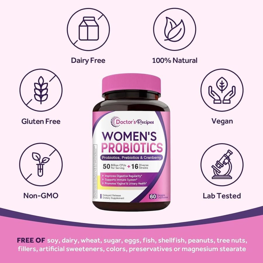 Doctor's Recipes Women’s Probiotic, 60 Caps 50 Billion CFU 16 Strains, with Organic Prebiotics Cranberry, Digestive Immune Vaginal & Urinary Health, Shelf Stable, Delayed Release, No Soy Gluten Dairy
