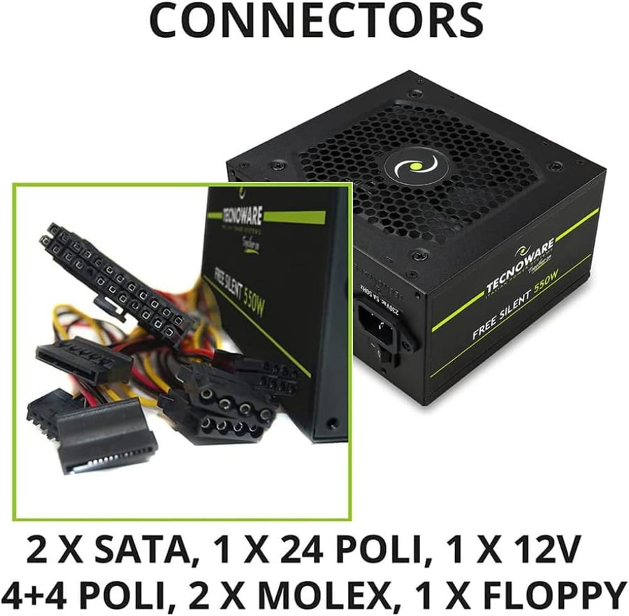Tecnoware ATX 550W power supply for PC - Silent 12 cm fan - Connectors 2 x SATA, 1 x 24 Poles, 1 x 12V 4 + 4 Poles, 2 x Molex, 1 x Floppy