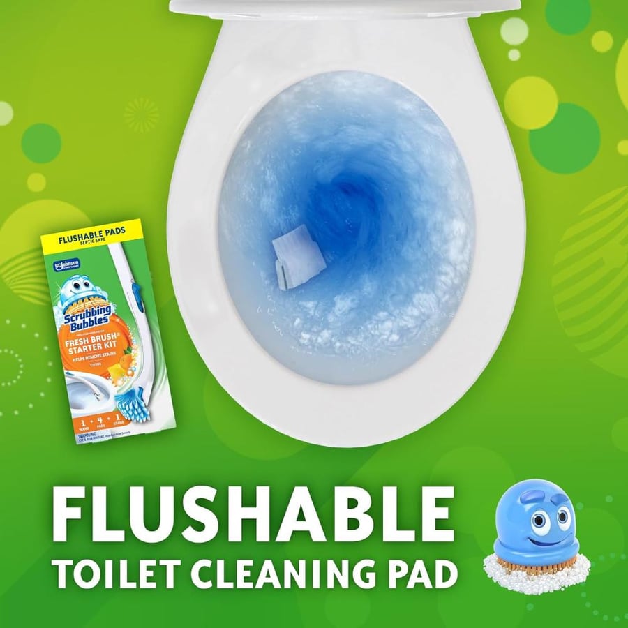 Scrubbing Bubbles Fresh Brush Starter Toilet Cleaning Kit, Toilet Cleaning System Including- 1 Toilet Bowl Brush + 1 Toilet Brush Stand + 4 Toilet Cleaner Refill Pads