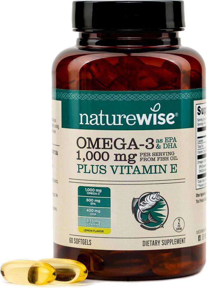 NatureWise Extra-Strength Omega 3 Fish Oil Supplement - 1000mg per Serving - 600 EPA & 400 DHA and Vitamin E - Support for Heart & Brain Health - Lemon Flavor, Non-GMO - 60 Softgels[1-Month Supply]