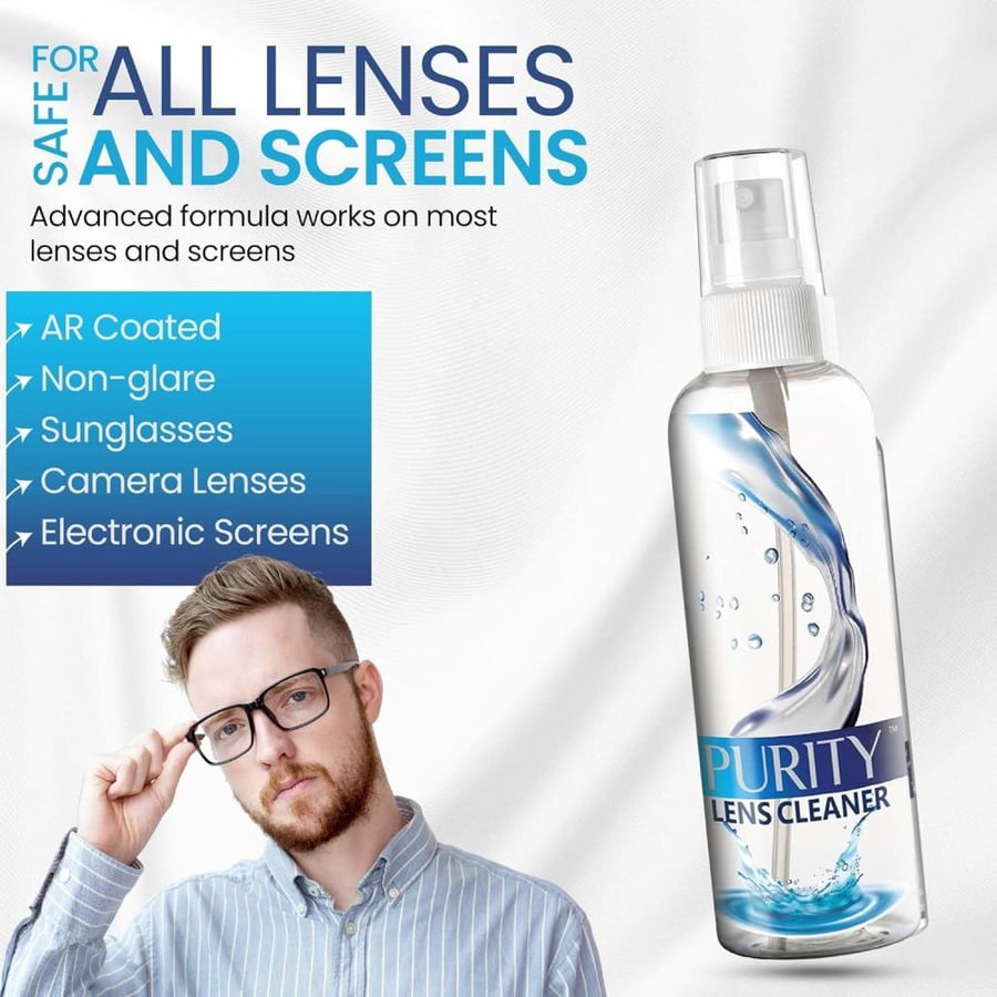 Purity Lens Cleaner Eyeglass Kit - 2 x 8oz and 1 x 2oz Spray Bottle + 2 Microfiber Cleaning Cloths - Safe for All es (AR Coated Included), Eyeglasses and Screens - Clear