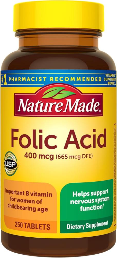 Nature Made Folic Acid 400 mcg (665 mcg DFE), Dietary Supplement for Nervous System Function, 250 Tablets, 250 Day Supply