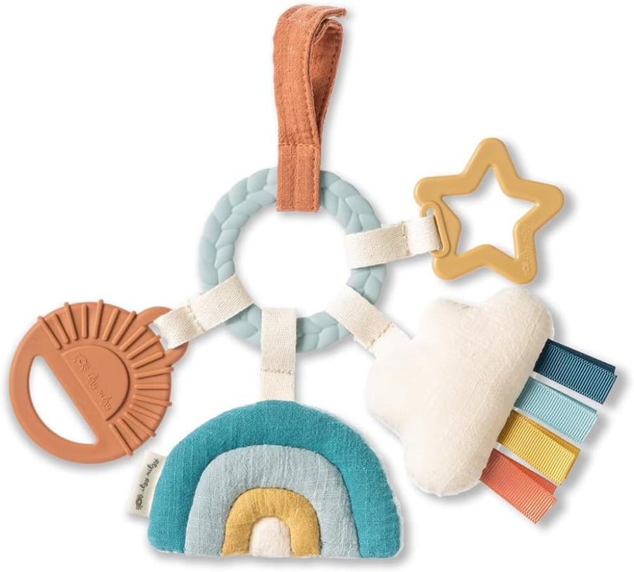 Itzy Ritzy Teething Activity Toy - Bitzy Busy Ring Features Braided Teething Ring and Dangling Toys; Includes Teether, Textured Ribbons, Crinkle Sound & Jingle Bell, Rainbow