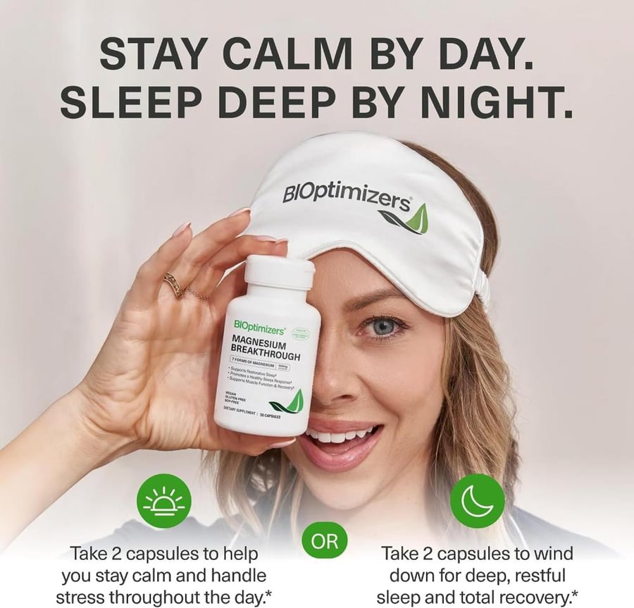 BiOptimizers Magnesium Breakthrough Supplement 4.0 - Has 7 Forms of Magnesium: Glycinate, Malate, Citrate, and More - Natural Sleep and Brain Supplement - 30 Capsules