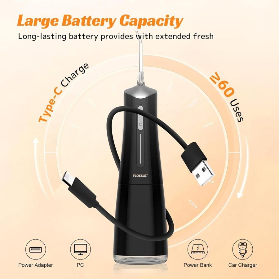 FlossJet Water Dental Flosser for Teeth Cordless with 300ML 4 Cleaning Modes 5 Jet Tips Portable Oral Irrigator USB-Powered Electric Flosser IPX7 Waterproof Irrigator Dental for Home and Travel Black