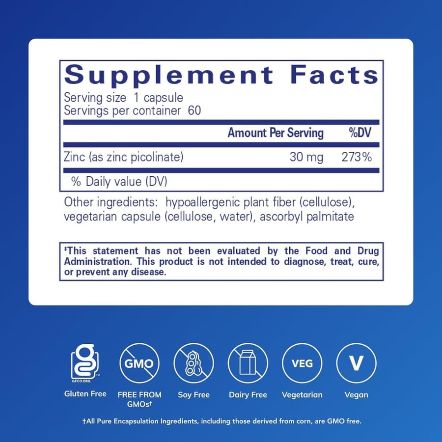 Pure Encapsulations Zinc Picolinate Highly Absorbable Hypoallergenic Supplement- 60 Capsules (30mg)