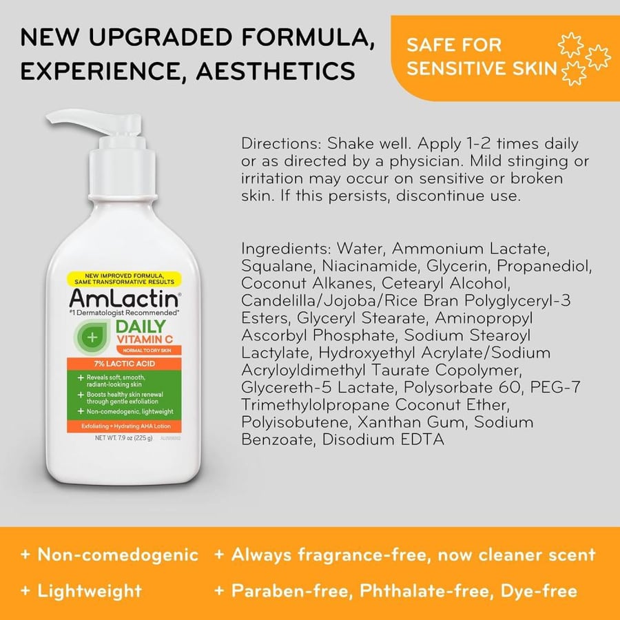 AmLactin Daily Vitamin C Lotion - 7.9 oz Body Lotion with 7% Lactic Acid - Skin-Brightening Exfoliator and Moisturizer for Dry Skin