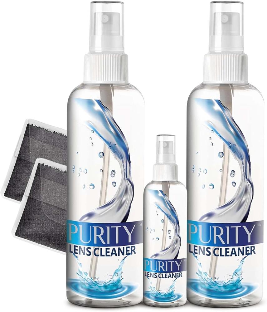 Purity Lens Cleaner Eyeglass Kit - 2 x 8oz and 1 x 2oz Spray Bottle + 2 Microfiber Cleaning Cloths - Safe for All es (AR Coated Included), Eyeglasses and Screens - Clear