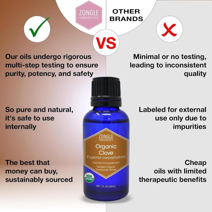Organic Clove Oil by Zongle – 100% Pure Natural, Therapeutic & Food Grade for Teeth and Gums, Tooth Aches, Tooth Pain, Hair Growth, Oral Consumption, Safe for Ingestion, Edible – 1 OZ