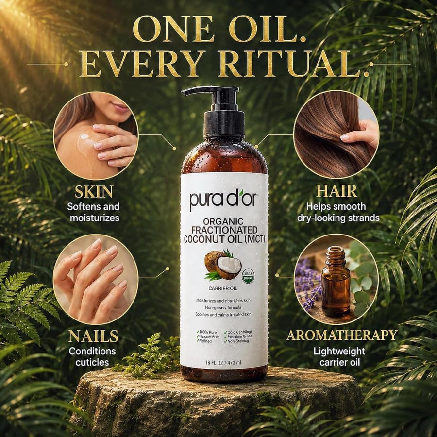 PURA D'OR 16 Oz ORGANIC Fractionated Coconut Oil - MCT Oil - 100% Pure & Natural USDA Certified Cold Pressed Carrier Oil - Unscented, Hexane Free Moisturizer For Face, Skin & Hair Tonic - Men & Women