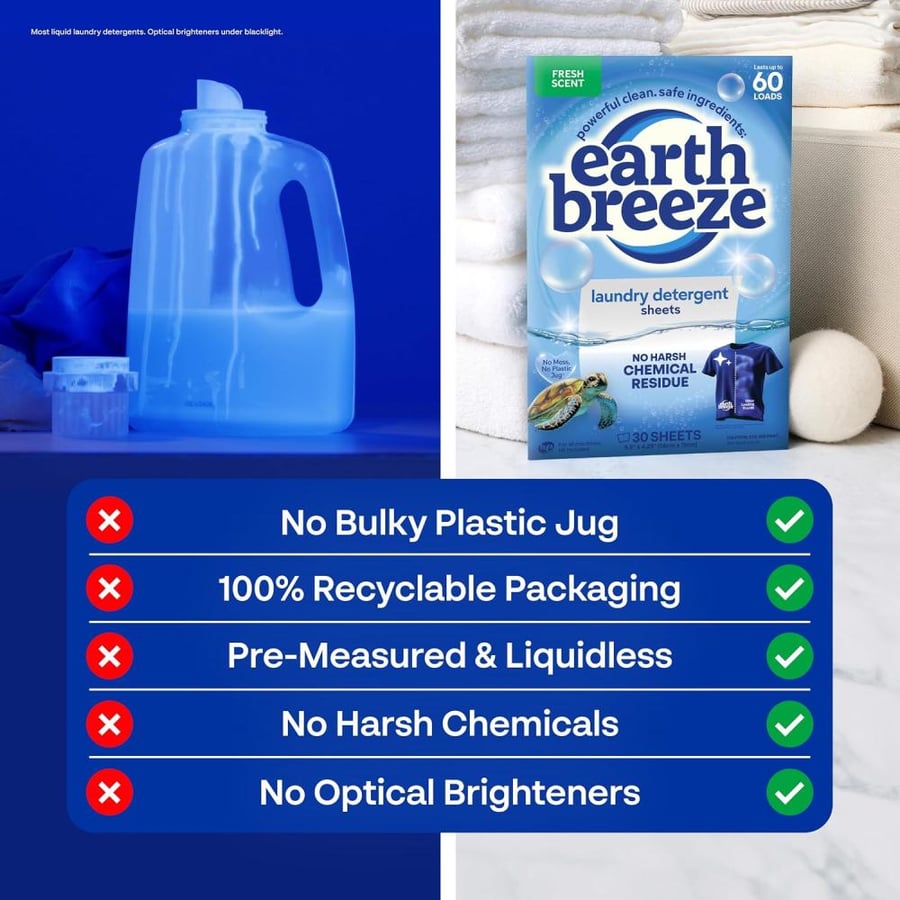 Earth Breeze - Liquid-less Laundry Detergent Sheets - Fresh Scent - No Plastic Jug (180 Loads) 90 Sheets (Pack of 3)