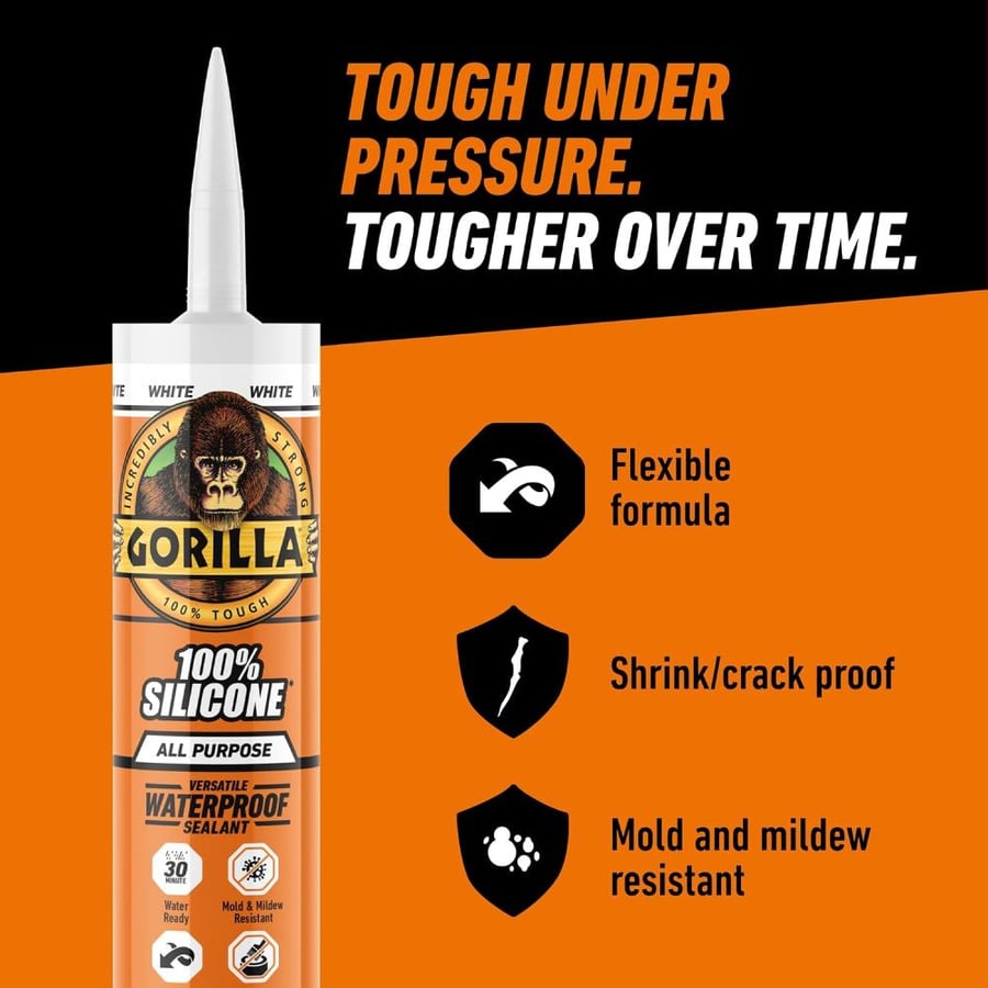 Gorilla Waterproof Caulk & Seal 100% Silicone Sealant, 10oz Cartridge, White (Pack of 1)