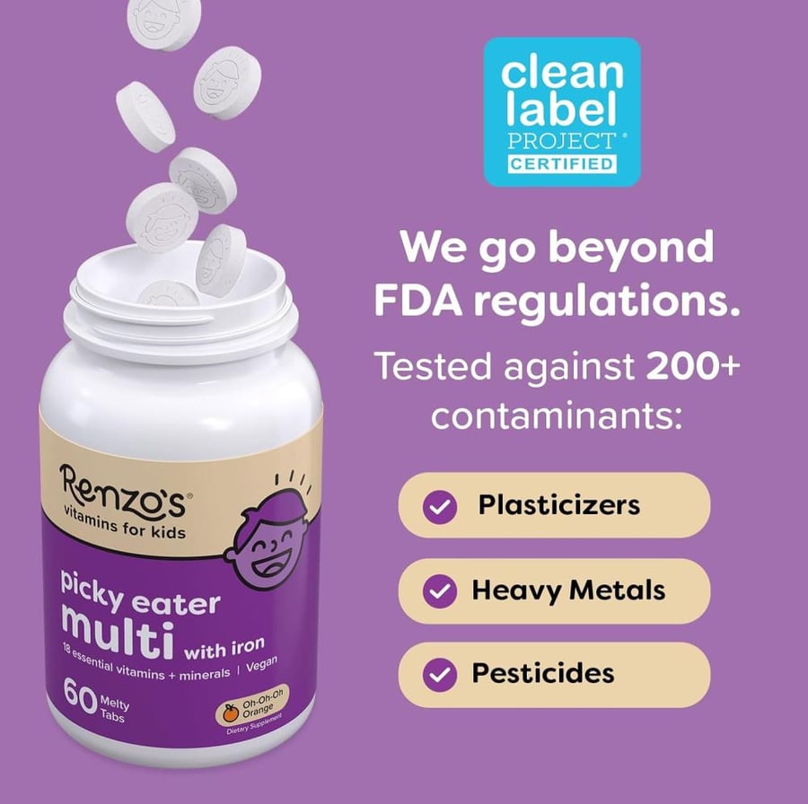 Renzo's Picky Eater Kids Multivitamin with Iron - Dissolving Kids Vitamins with Vitamin D3 & K2 and More - 60 Sugar-Free Melty Tabs, Cherry Cherry Mo’ Cherry Flavored