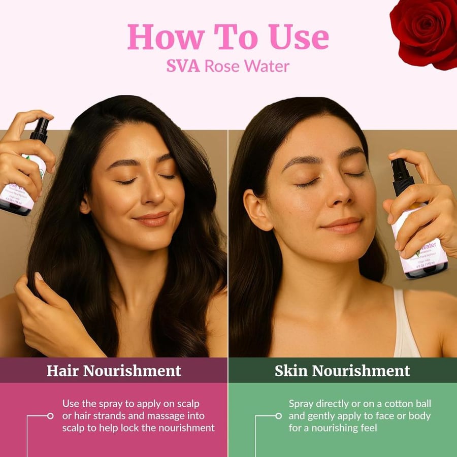SVA Organics Rose Water 4oz (118 ml) Refreshing Rose Water Spray for Skin Care, Skin Hydration, Bath, Soaps, Haircare & Aromatherapy