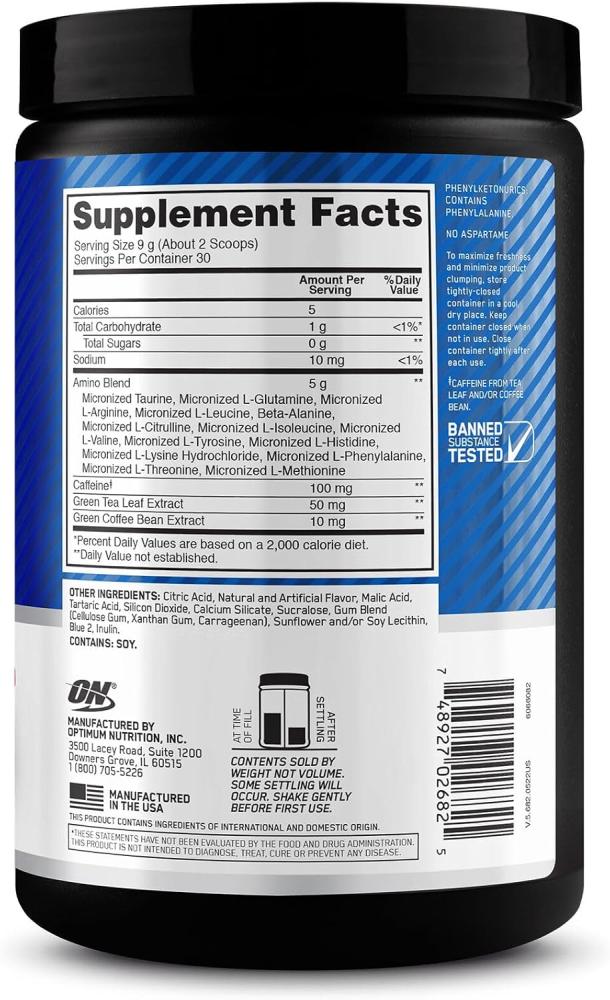 Optimum Nutrition (ON) Amino Energy - Pre Workout With Green Tea, Bcaa, Amino Acids, Keto Friendly, Green Coffee Extract, 0 Grams of Sugar, Anytime Energy Powder - Blue Raspberry, 270 G , 30 Servings