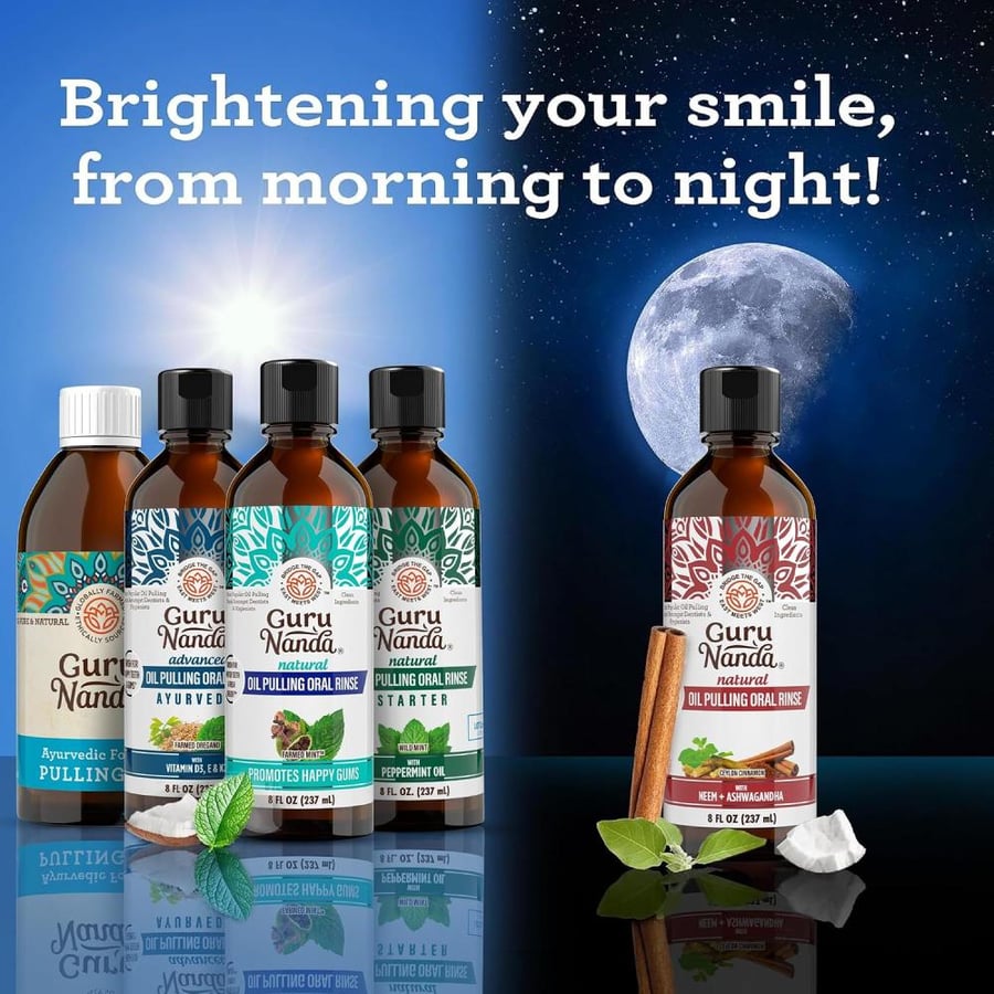 GuruNanda Whitening Pulling Oil with Coconut & Peppermint Essential Oil for Oral Health, Natural Teeth Whitening, Fresh Breath, Healthy Gums, Alcohol-Free Mouthwash (8 Fl.Oz. x 2)