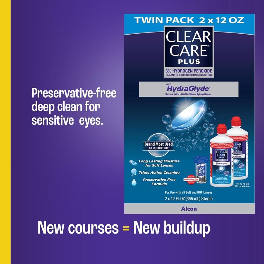 محلول Clear Care Plus لتنظيف العدسات اللاصقة مع علبة العدسات، 12 أونصة، عبوتان