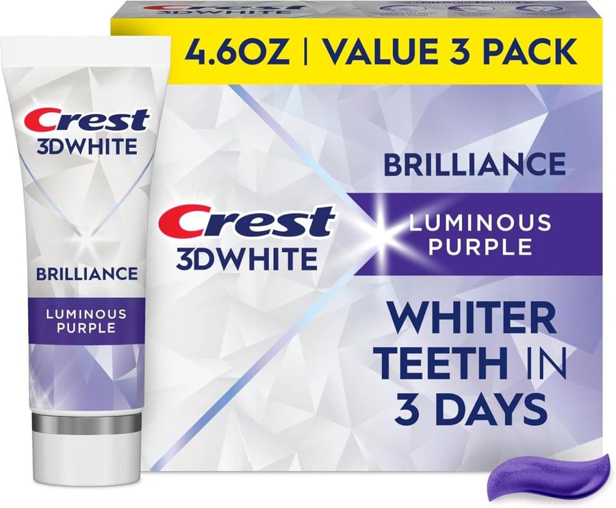 Crest 3D White Brilliance Luminous Purple Whitening Toothpaste, 4.6 oz 3 Pack, Anticavity Fluoride Toothpaste, Fights 100% More Surface Stains, Prevention