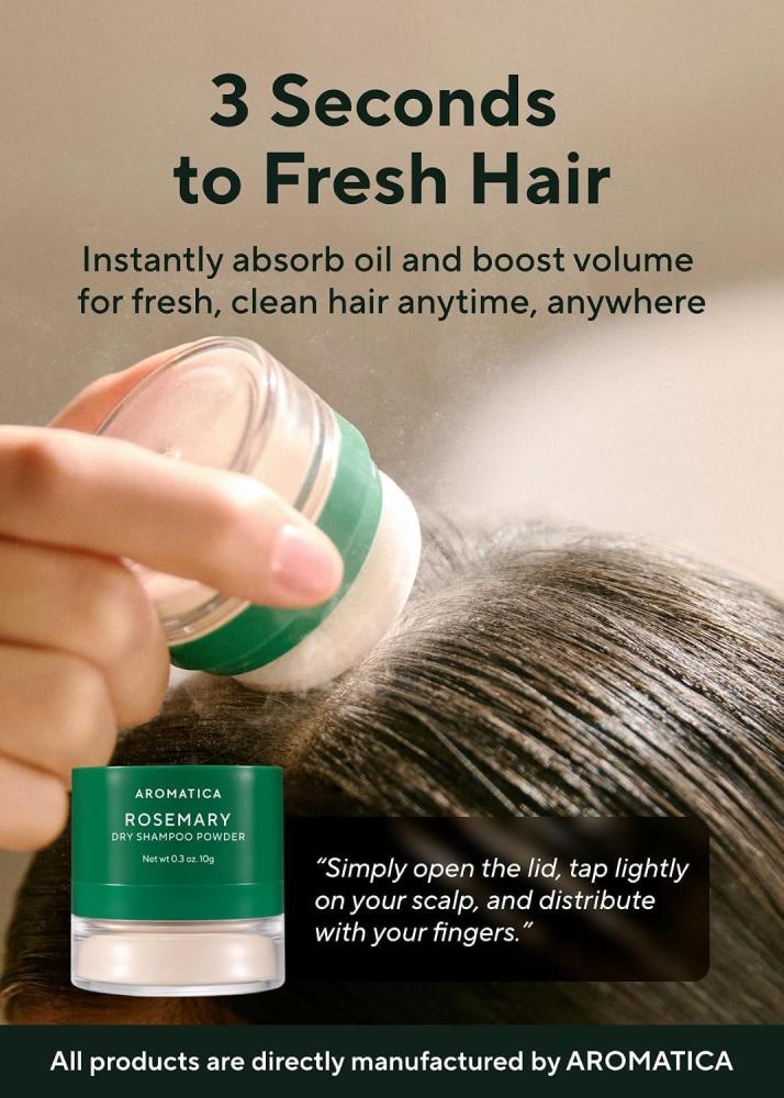 AROMATICA Rosemary Dry Shampoo Powder 10g/0.3oz - Travel Size Dry Shampoo with Panthenol and Biotin For Hair | Non aerosol & Talc Free