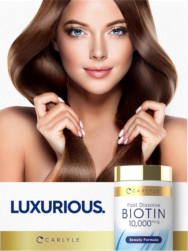 Carlyle Biotin 10000mcg | 250 Fast Dissolve Tablets | Max Strength | Vegetarian, Non-GMO, Gluten Free Supplement