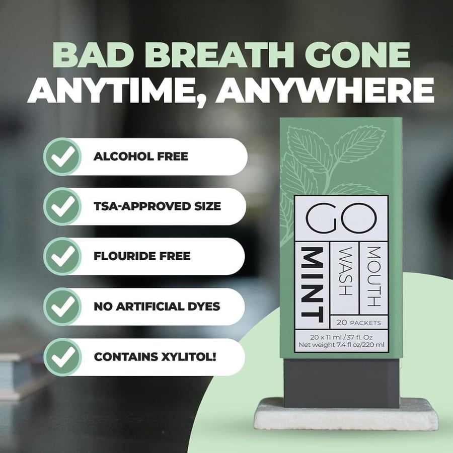 GO Mouthwash Packets – Single Size Mouthwash for Fresh Breath on The go. Airline Friendly – Liquid Mint Flavored Portable. Great for AirBnB, spas, Hotels Too. (20 Single Packs)