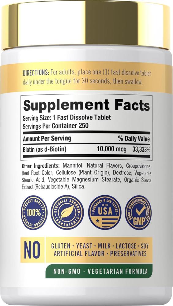 Carlyle Biotin 10000mcg | 250 Fast Dissolve Tablets | Max Strength | Vegetarian, Non-GMO, Gluten Free Supplement