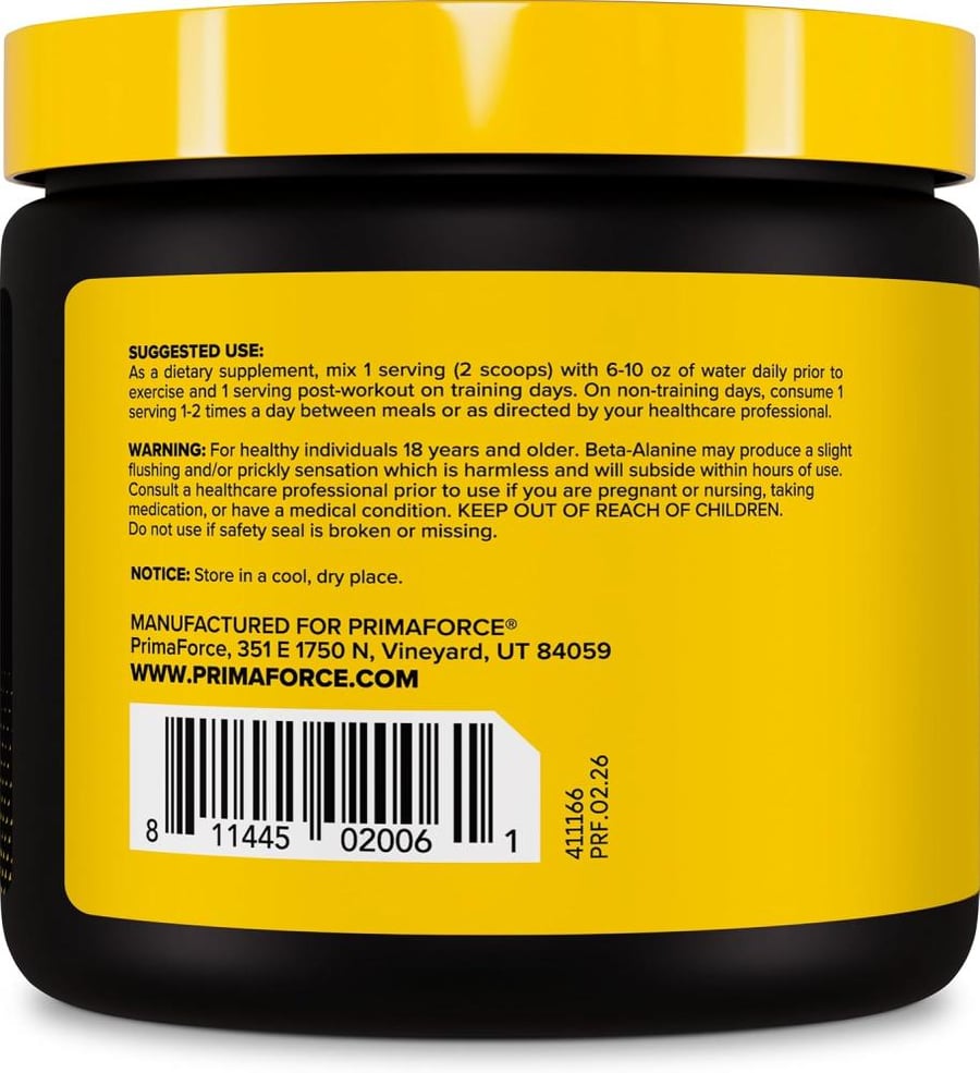 Primaforce Beta Alanine Powder, Unflavored, 200 Grams - Gluten Free, Non-GMO Supplement for Men and Women - Supports Lean Muscle Gain and Aids Recovery