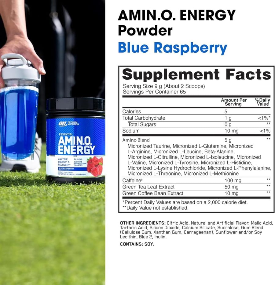 Optimum Nutrition Amino Energy - Pre Workout with Green Tea, BCAA, Amino Acids, Keto Friendly, Green Coffee Extract, Energy Powder - Blue Raspberry, 65 Servings (Packaging May Vary)