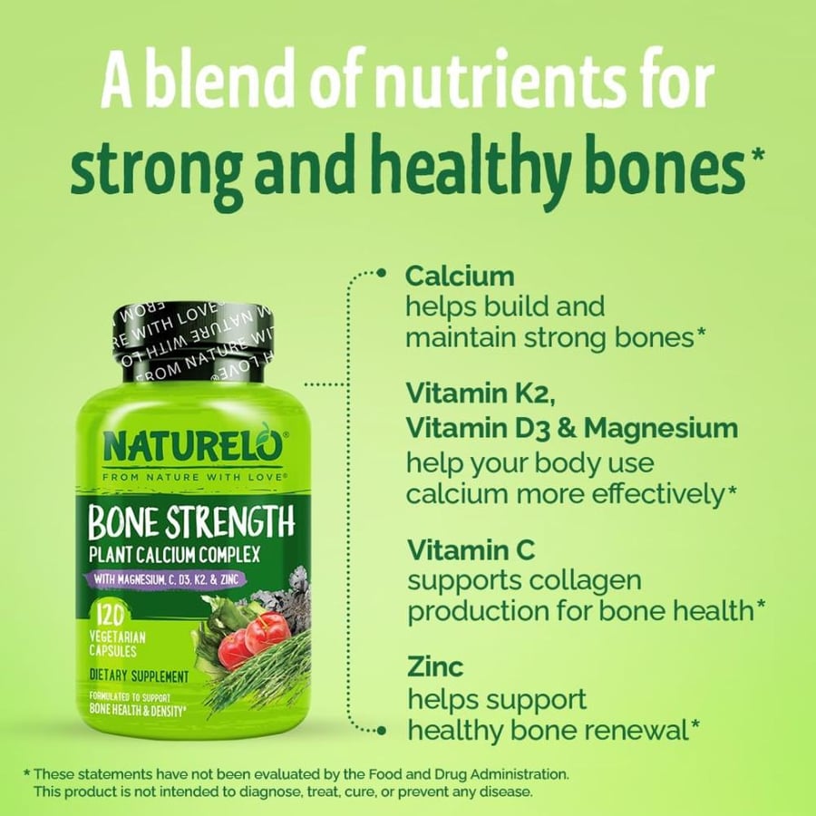NATURELO Bone Strength - Plant-Based Calcium, Magnesium, Potassium, Vitamin D3, VIT C, K2 - GMO, Soy, Gluten Free Ingredients - Best Whole Food Supplement for Bone Health - 120 Vegetarian Capsules