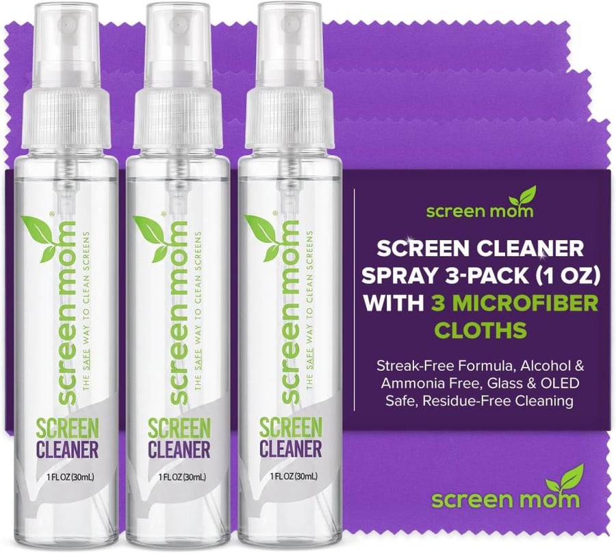Screen Cleaner Spray and Microfiber Cloths 3-Pack (3x1oz) by Screen Mom-Screen Cleaner Spray and Wipe for TV, Computer, Phone, iPad, Car Screen Cleaning Kit Electronic Cleaner Spray