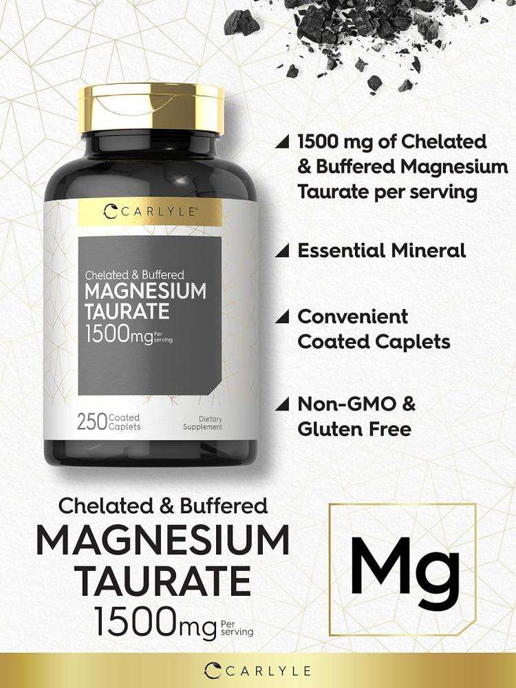 Magnesium Taurate 1500mg | 250 Caplets | Vegetarian, Non-GMO, Gluten Free Supplement | by Carlyle