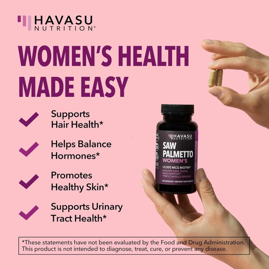 Saw Palmetto for Women DHT Blocker for Hair Growth with Biotin Vitamins for Hair Skin and Nails Support | Vegan Vitamins