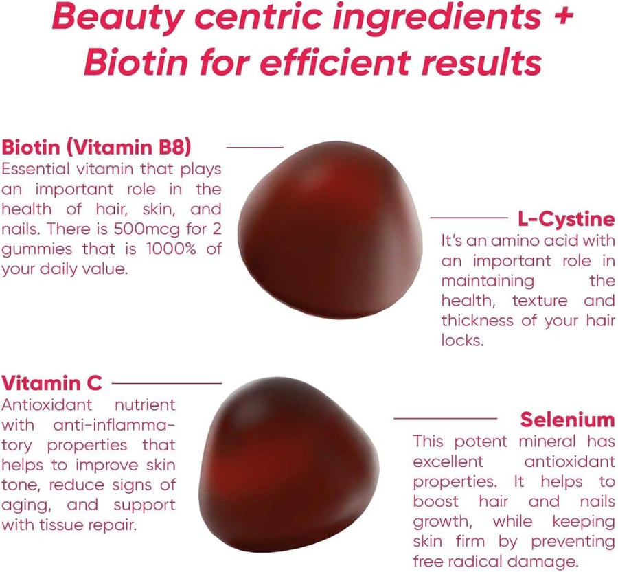 Glow Hair Skin & Nails Vegan Vitamin Gummies | 2000% Dv Biotin With Zinc, Selenium & Efficient Plants | Hair Growth, Stronger Nails & Healthy Skin | 60 Vegan Gummies | Delicious Natural Raspberry