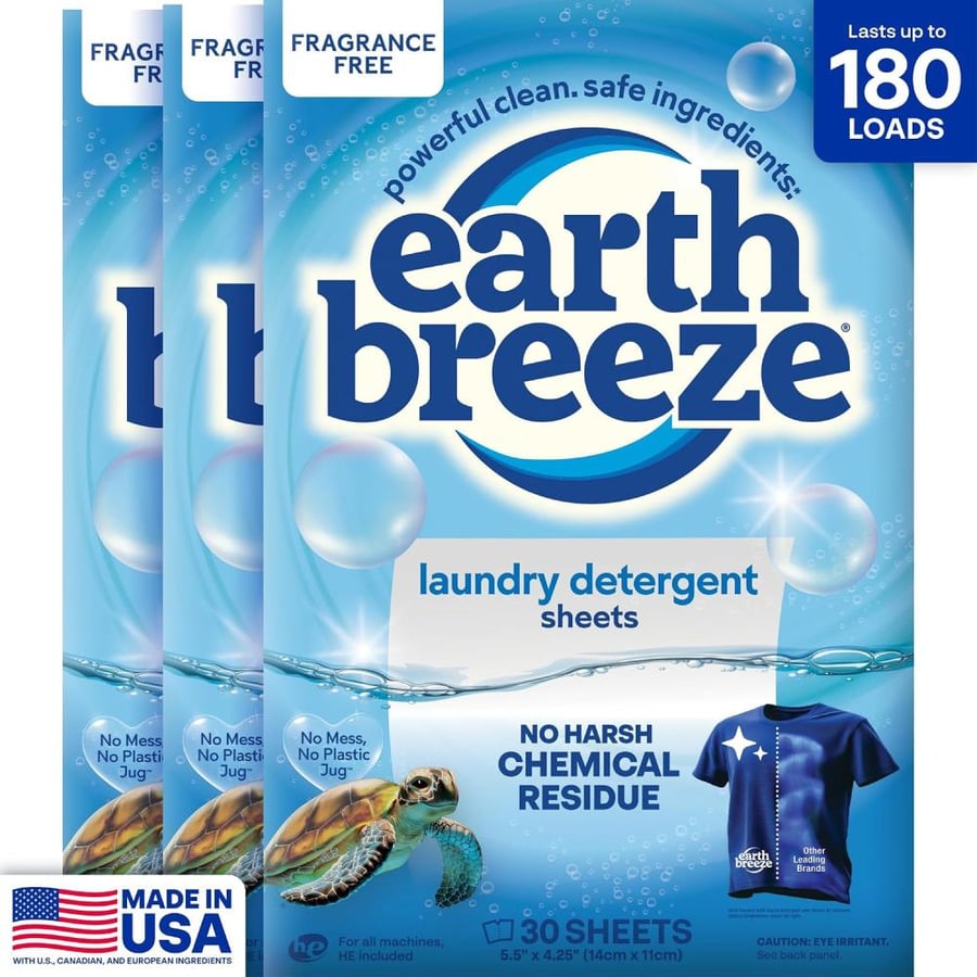 Earth Breeze - Liquid-less Laundry Detergent Sheets - Fragrance Free - No Plastic Jug (180 Loads) 90 Sheets (Pack of 3)