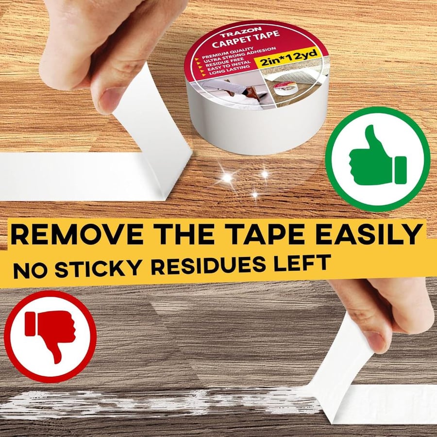 Carpet Tape Double Sided - Carpet Tape Grippers for Hardwood Floors & Rugs - Carpet Binding Tape Strong Adhesive & Removable, Robust Stickers Grip Tape, Residue-free (2 Inches/12 m)