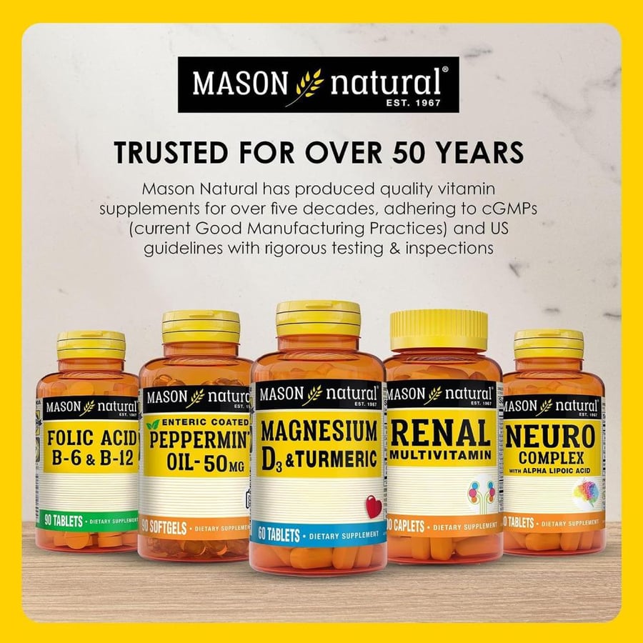 Mason Natural Peppermint Oil 50 mg"Enteric Coated" - Natural Gastrointestinal Comfort, Supports a Healthy Gut, Bowel Soothing Dietary Supplement, 90 Softgels
