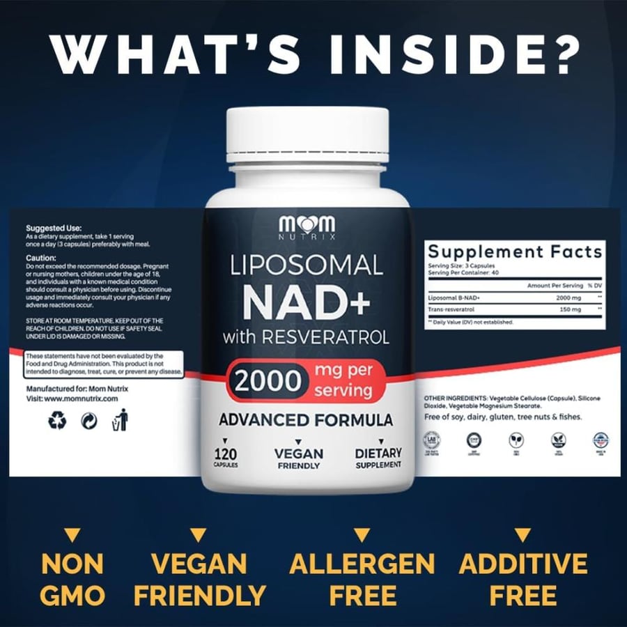 MOM NUTRIX Liposomal NAD Supplement with Resveratrol - High Purity NAD Plus 2000 mg, 120 Capsules, Made in the USA - NMN Alternative