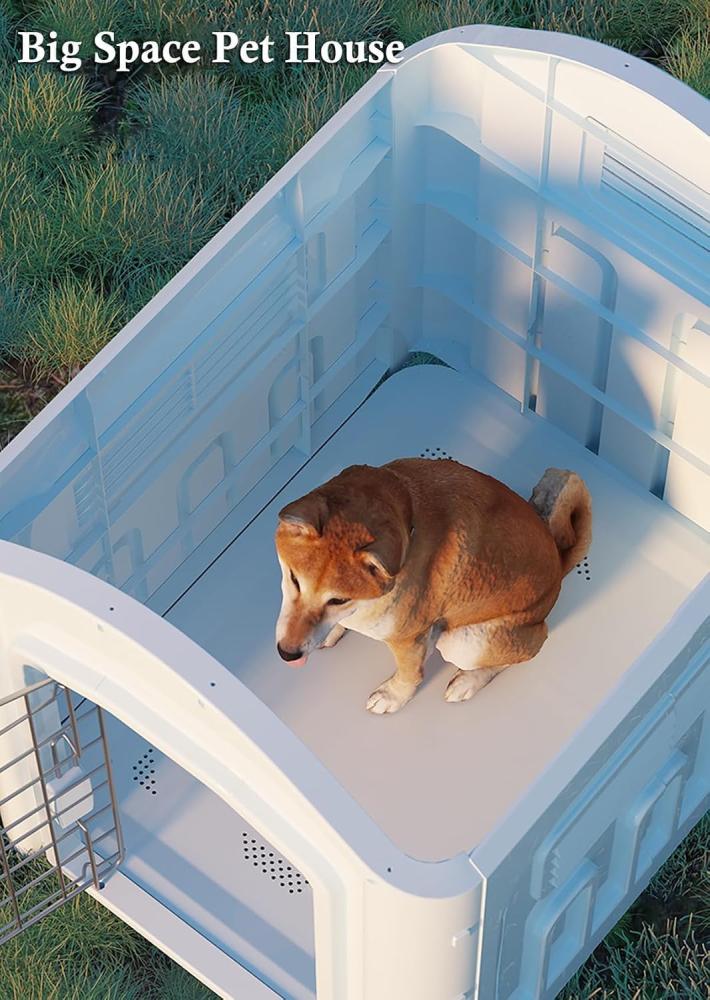 Outdoor Indoor Plastic Waterproof Doghouse for Small Medium Large Dogs, Puppy Shelter with Air Vents and Elevated Floor, 28.5 Inch D x 24 Inch W x 25 Inch H, Blue
