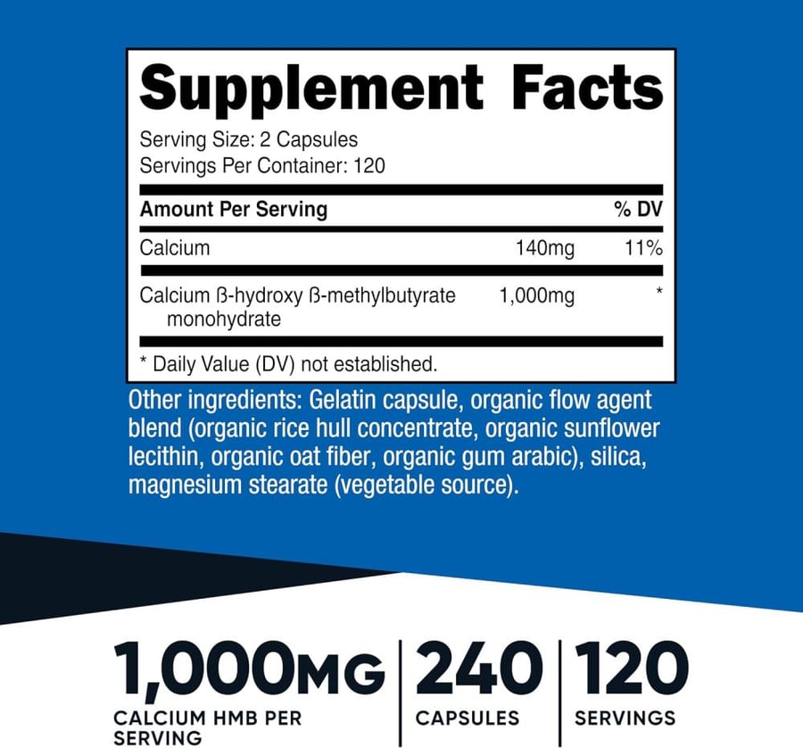 Nutricost HMB (Beta-Hydroxy Beta-Methylbutyrate) 1000mg (240 Capsules) - 500mg Per Capsule, 120 Servings - Gluten Free and Non-GMO