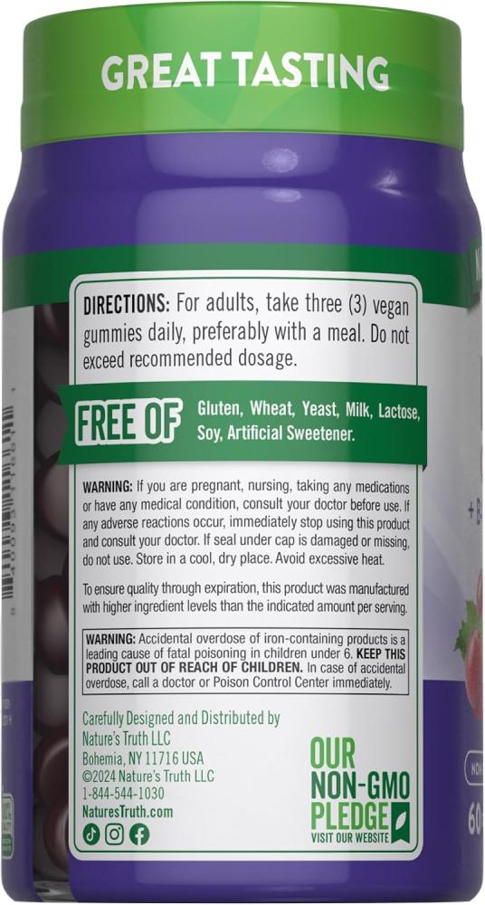 Iron Gummies | 60 Count | Vegan, Non-GMO & Gluten Free Supplement | with Zinc & B Vitamins | Grape Flavor | by Natures Truth