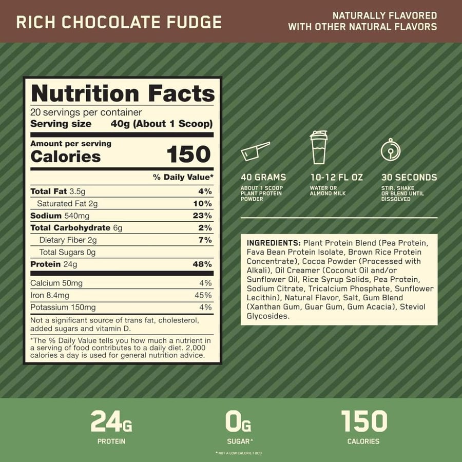 Optimum Nutrition Gold Standard 100% Plant Based Protein Powder, Gluten Free, Vegan Protein for Muscle Support and Recovery with Amino Acids - Rich Chocolate Fudge, 20 Servings