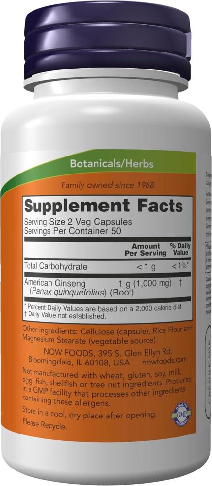NOW American Ginseng Food Supplements - 500mg, 100 Veg Capsules