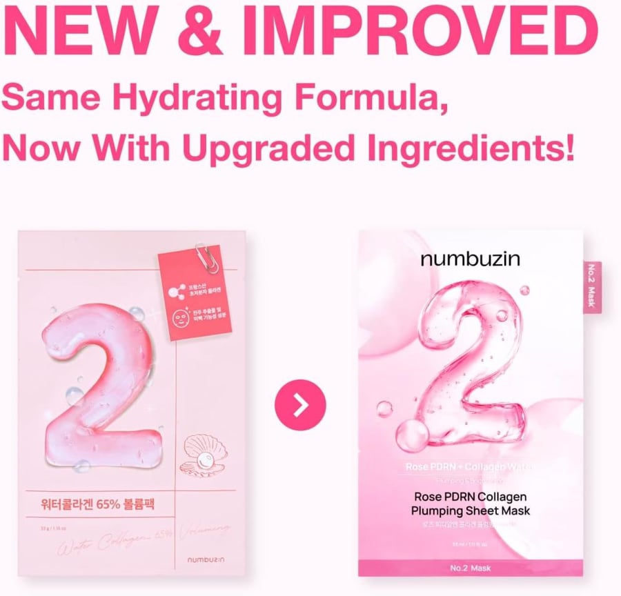 numbuzin No.2 Sheet Mask | Rose PDRN Collagen Plumping Sheet Mask | Korean Mask for face | Brightening, Hydrating, Firming and Moisturizing | Collagen, Peptides, PDRN | 5ea