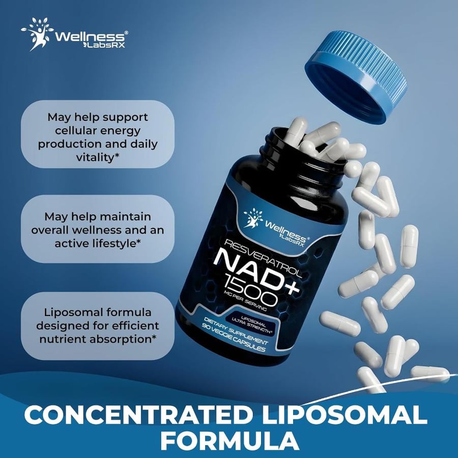 NAD Supplement, 1500mg - Liposomal NAD+ Supplement with Resveratrol, Nad Plus Boosting Supplement - Support Cellular Health, Stamina & Healthy Aging - Ultra Strength Capsules, USA Made