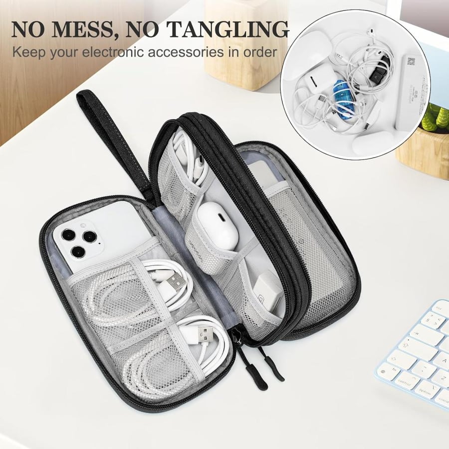 FYY Electronic Organizer, Travel Cable Organizer Bag Pouch Electronic Accessories Carry Case Portable Waterproof Double Layers All-in-One Storage Bag for Cable, Cord, Charger, Phone, Earphone Black