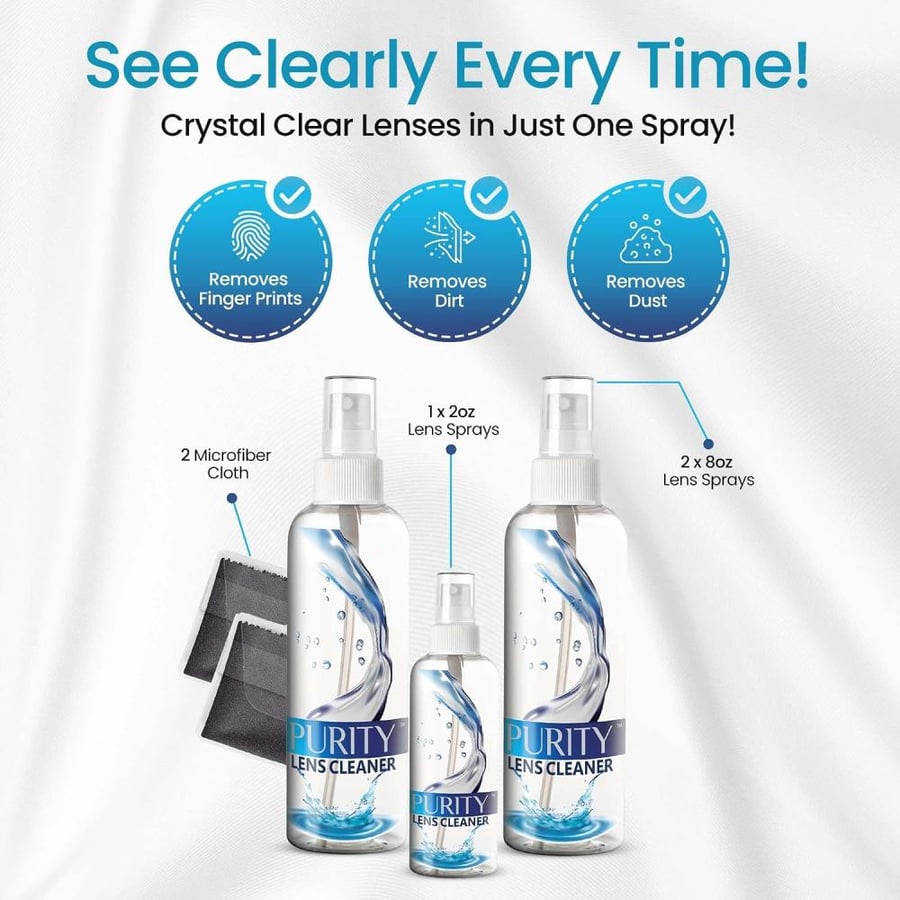 Purity Lens Cleaner Eyeglass Kit - 2 x 8oz and 1 x 2oz Spray Bottle + 2 Microfiber Cleaning Cloths - Safe for All es (AR Coated Included), Eyeglasses and Screens - Clear