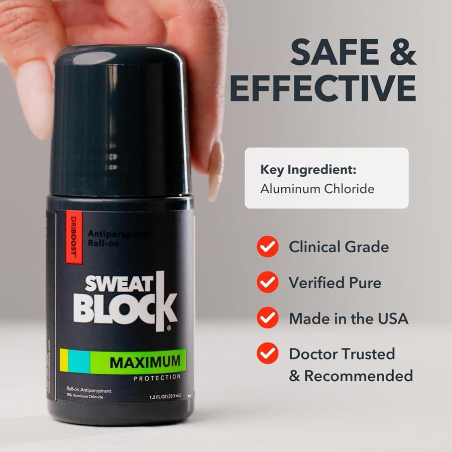 SweatBlock Max Clinical Antiperspirant Roll-on Deodorant - For Excessive Sweating & Hyperhidrosis - Up to 7 Days Protection/Use - Unisex, Unscented Deo - 1.2 fl oz