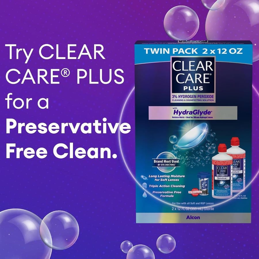 محلول Clear Care Plus لتنظيف العدسات اللاصقة مع علبة العدسات، 12 أونصة، عبوتان