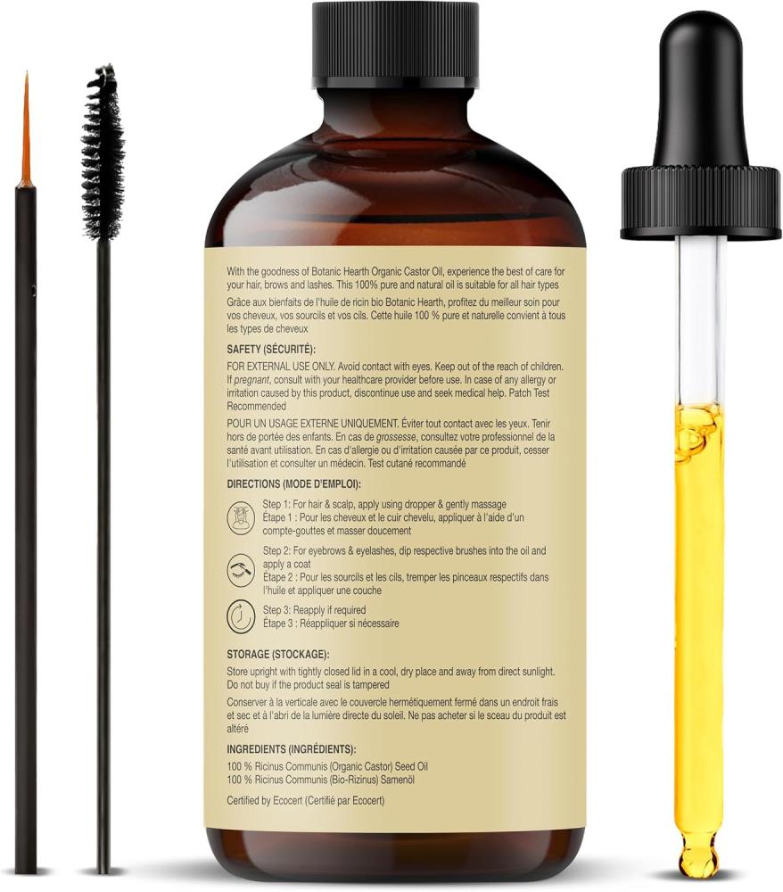 Botanic Hearth Organic Castor Oil | Cold Pressed | 100% Pure & Hexane Free | Stimulate Growth for Hair, Eyelashes, Eyebrows, Nails | Moisturizing & Nourishing | Body, Hair